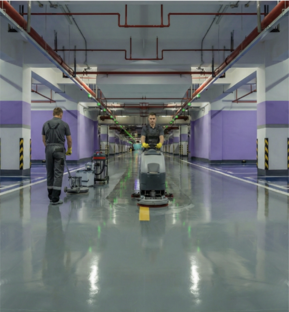 Empresa de limpieza de parkings en Barcelona realizando mantenimiento profesional con fregadora industrial en aparcamiento subterráneo. 