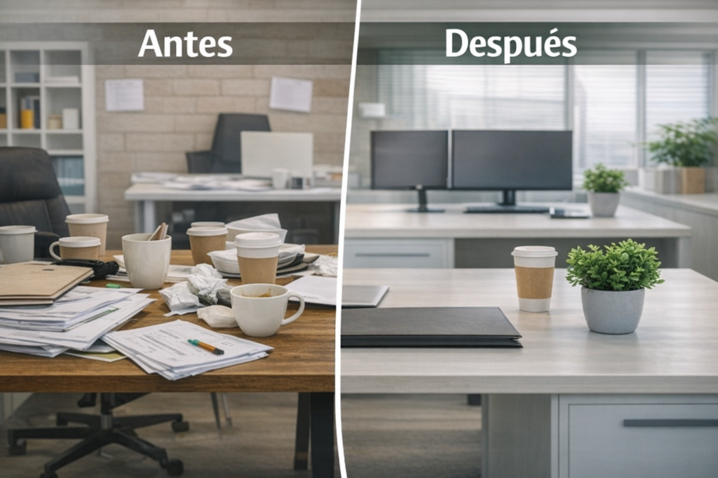 Antes y después de limpieza de oficinas de Ultranet Imagen comparativa de Ultranet que muestra el antes y el después de una oficina tras un servicio de limpieza profesional, utilizada para representar la mejora visual, el orden y la higiene en espacios de trabajo.