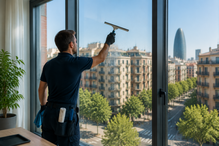Profesional limpiando una ventana en un edificio urbano, con vistas a una ciudad costera y un día soleado.