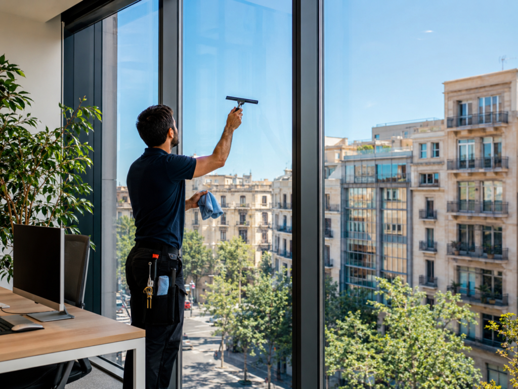 Personal haciendp limpieza de cristales en Barcelona.