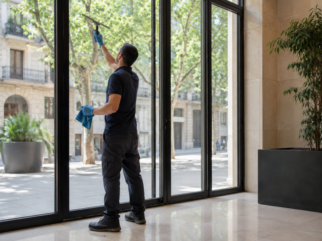 Personal de limpieza limpiando los cristales de un portal con grandes ventanales en un edificio residencial.