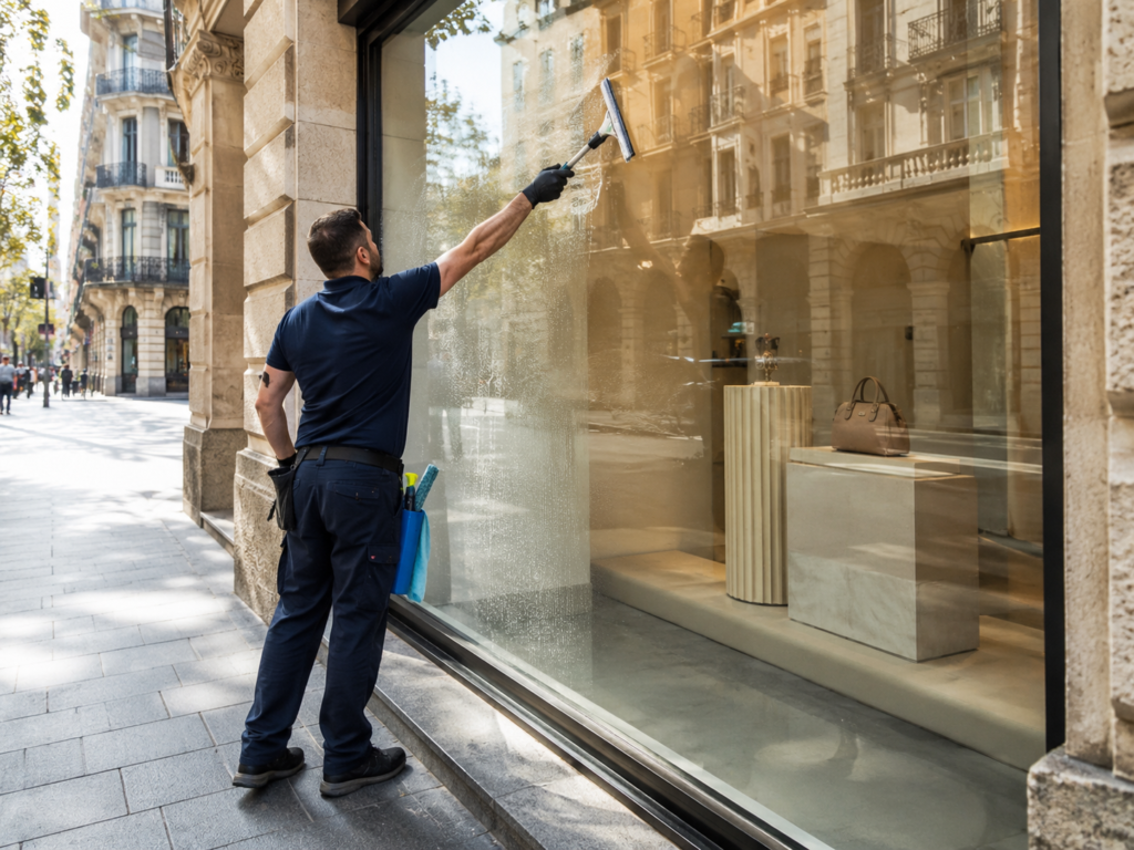 Un hombre limpiando el cristal de un escaparate en una calle urbana, con vistas de la ciudad y edificios cercanos.
