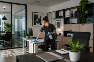 Profesional de limpieza realizando tareas de desinfección y mantenimiento en un despacho moderno, garantizando un entorno de trabajo limpio, ordenado y saludable.
