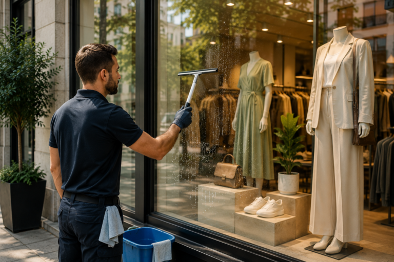 Profesional realizando la limpieza de un escaparate comercial con herramientas especializadas para mantener una imagen impecable del negocio y mejorar la visibilidad de los productos expuestos.