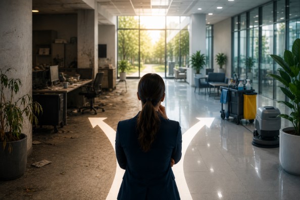Oficina que muestra la diferencia entre un espacio sin mantenimiento y otro gestionado por una empresa de limpieza profesional. 