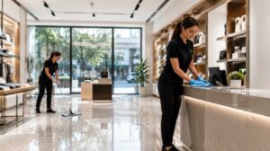 Empresa de limpieza profesional trabajando en un local comercial moderno