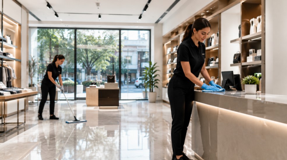 Empresa de limpieza profesional trabajando en un local comercial moderno