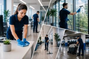 Equipo de una empresa de limpieza profesional realizando tareas de mantenimiento en oficinas, edificios y parkings.