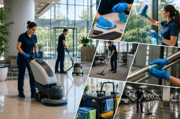 Servicios de una empresa de limpieza profesional realizando mantenimiento en oficinas, cristales, zonas comunes y parkings. 