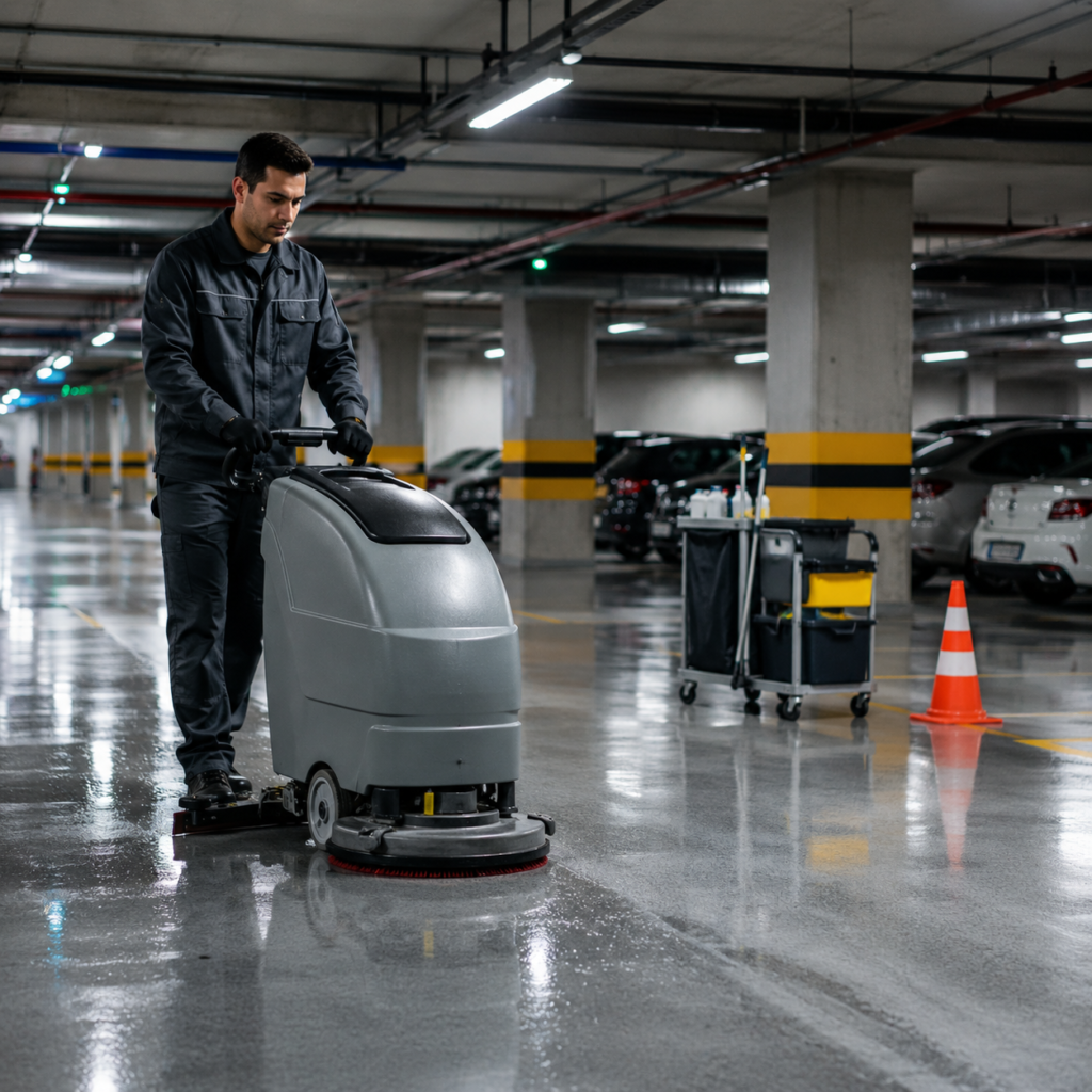 Operario realizando limpieza de parking profesional utilizando una fregadora industrial para un parking subterráneo