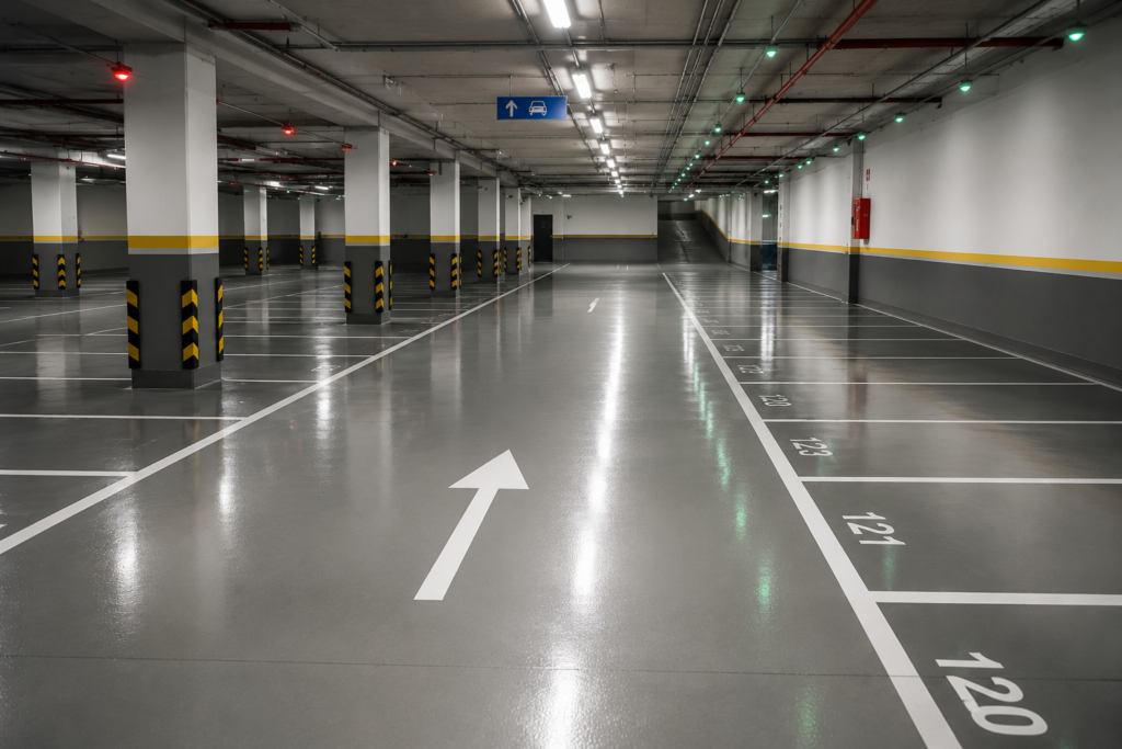 Parking limpio y bien mantenido tras un servicio profesional de limpieza con maquinaria especializada.