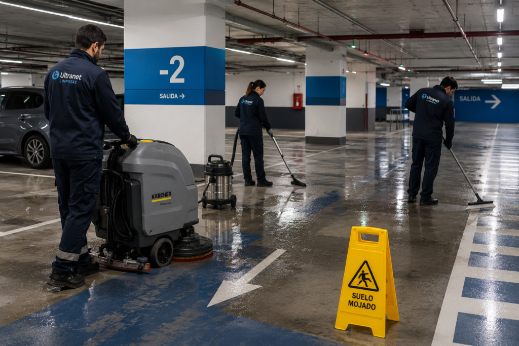 Operarios realizando diferentes tareas de limpieza profesional en un parking con maquinaria especializada.