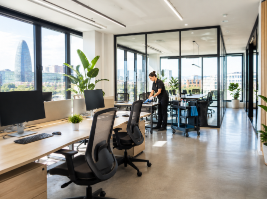 Limpieza profesional de oficinas tras las vacaciones en un espacio de trabajo moderno y luminoso