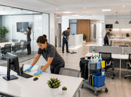  Equipo profesional realizando una limpieza completa de oficinas después de las vacaciones 