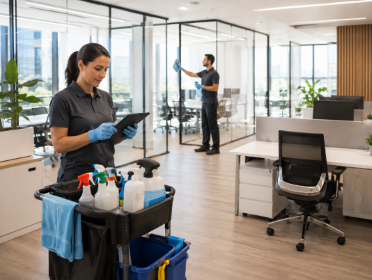 Equipo profesional preparando y ejecutando un plan de limpieza periódica en una oficina moderna 